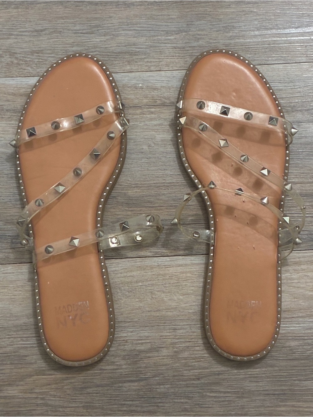 Studded Clear-Strap Sandal in Tan